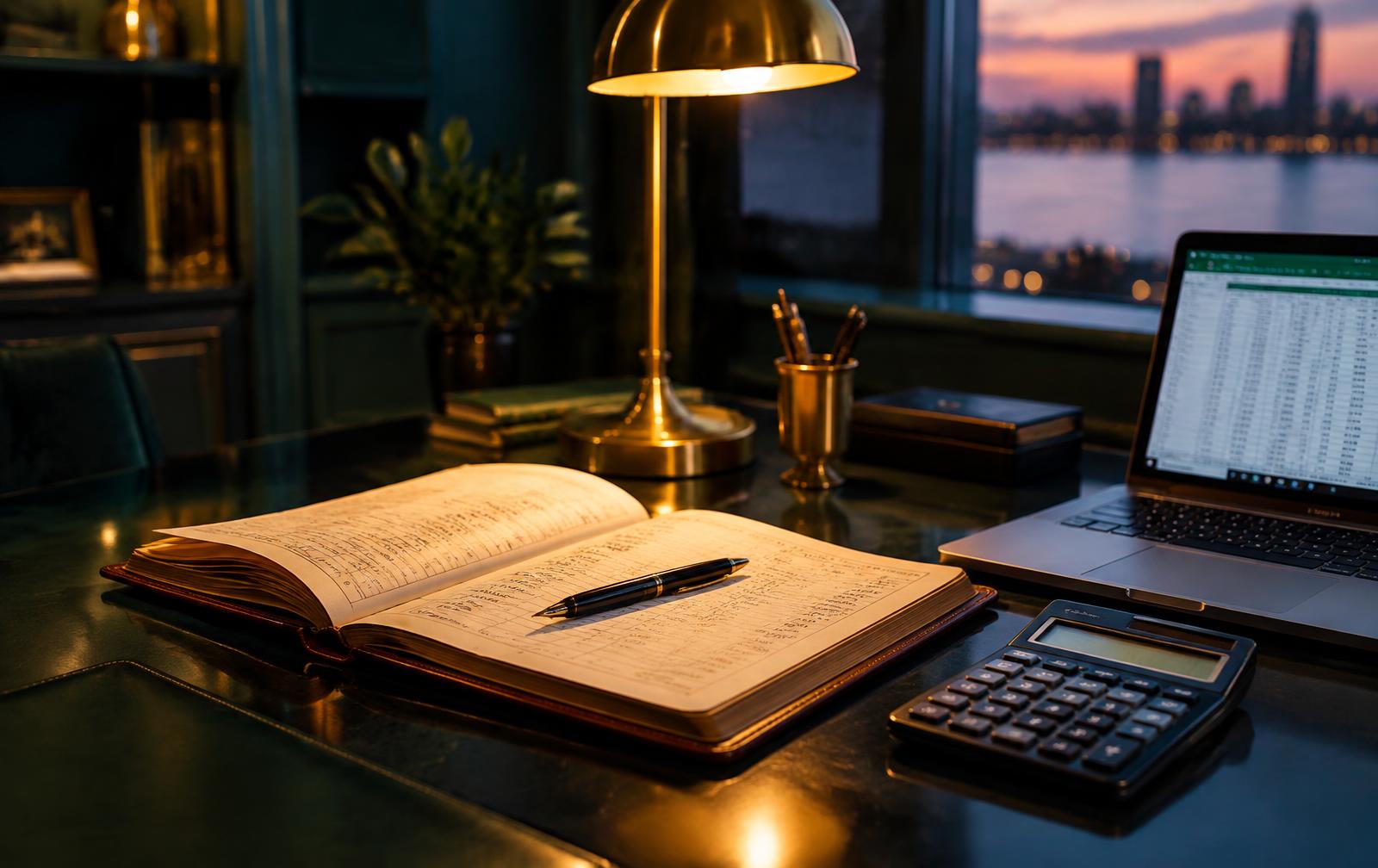 Ledger book, calculator and laptop on a desk